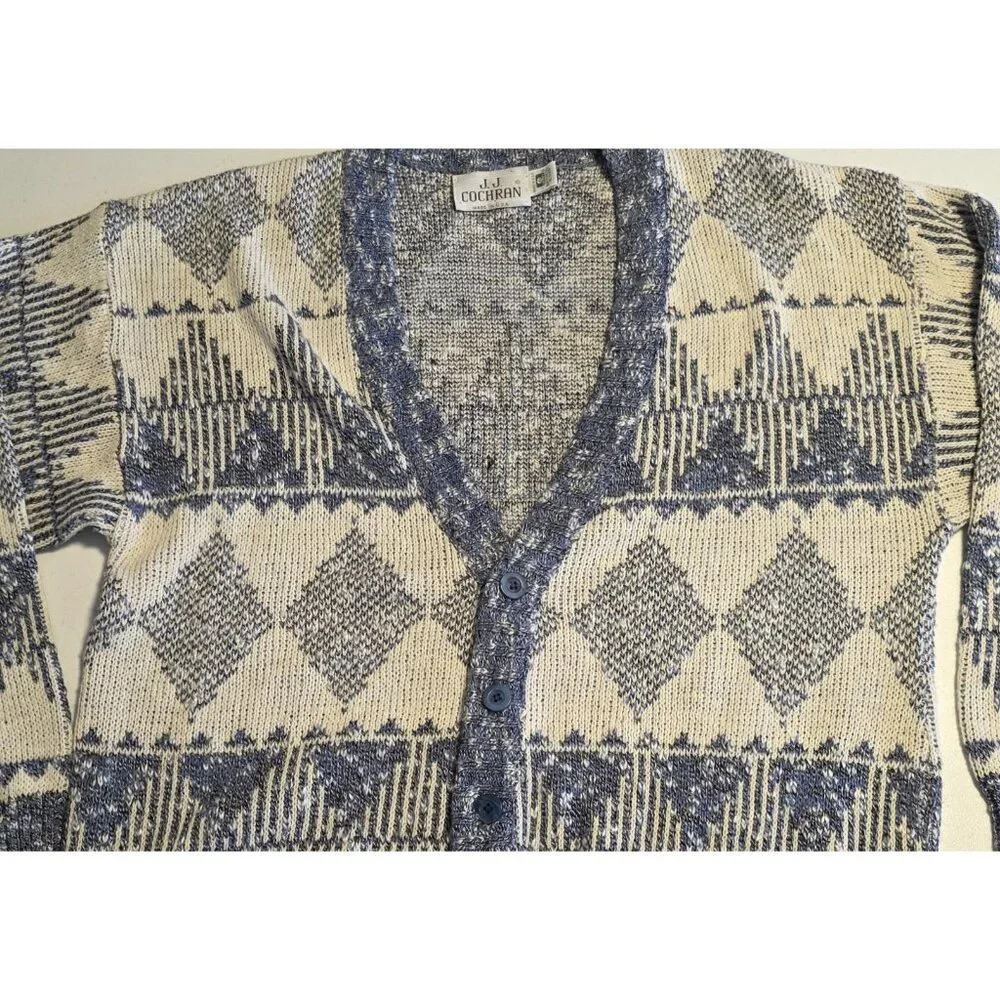 Vintage JJ Cochran Cardigan‎ Knit Grandpa Dad Mr Rogers USA Blue White Large